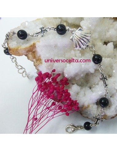 Pulsera con bolas de Azabache y cruces de plata