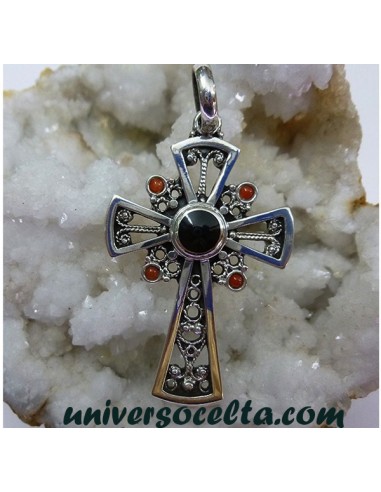 Cruz de plata con Azabache y Coral k-16